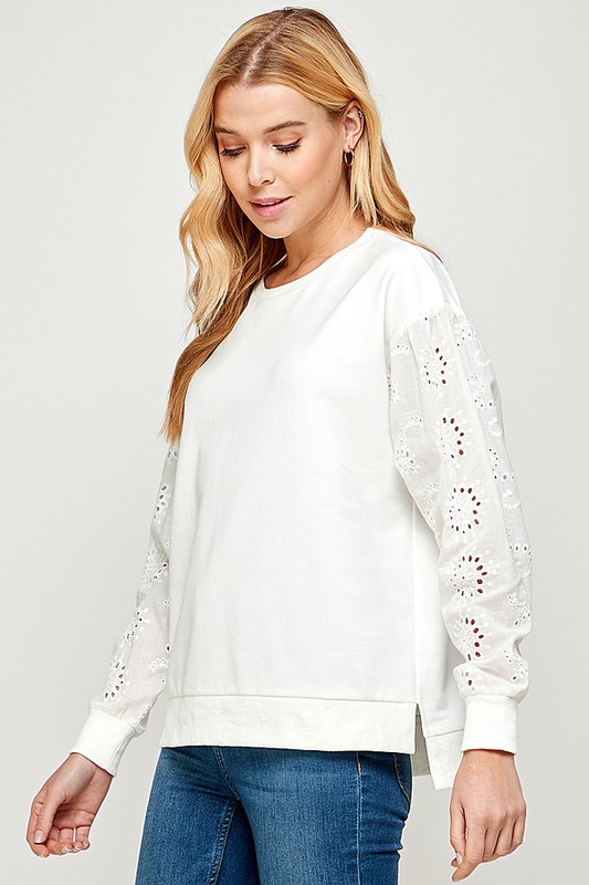 Eyelet Sleeves Sweatshirt, White