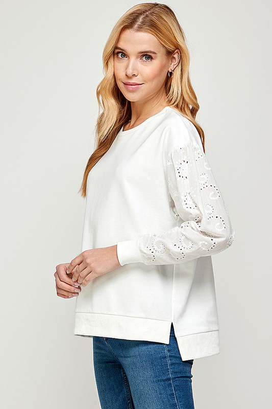 Eyelet Sleeves Sweatshirt, White