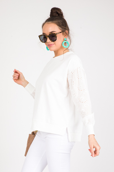 Eyelet Sleeves Sweatshirt, White