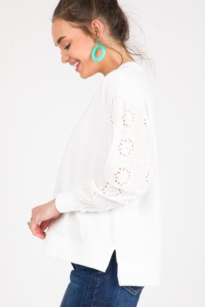 Eyelet Sleeves Sweatshirt, White