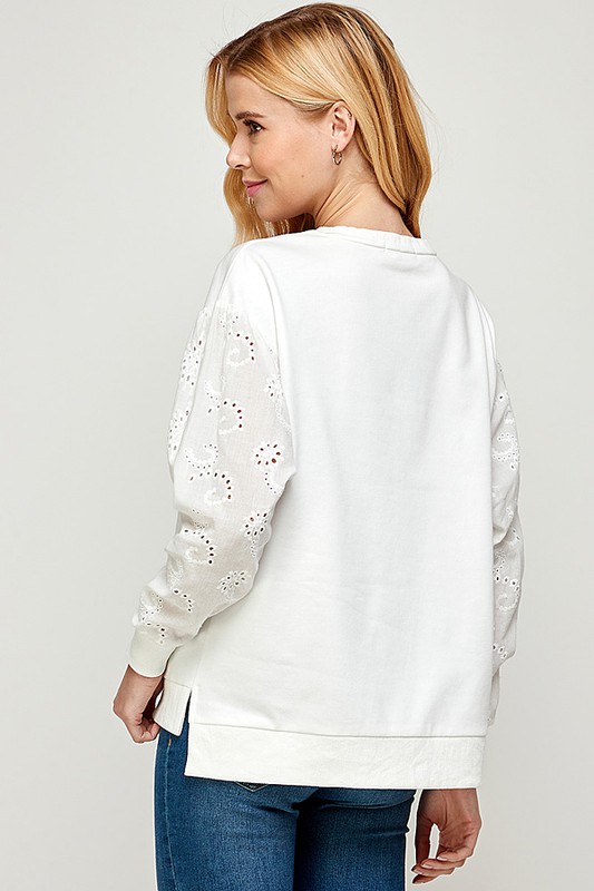 Eyelet Sleeves Sweatshirt, White