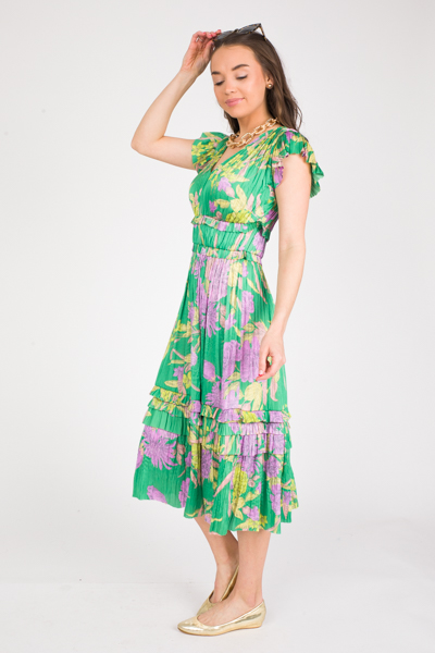 Pleated Floral Midi, Green Purple