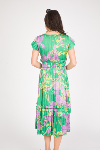 Pleated Floral Midi, Green Purple