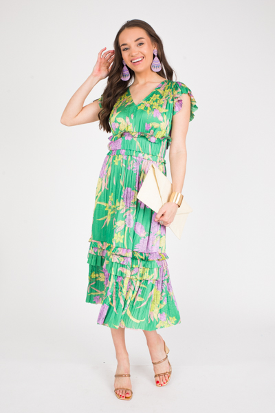 Pleated Floral Midi, Green Purple