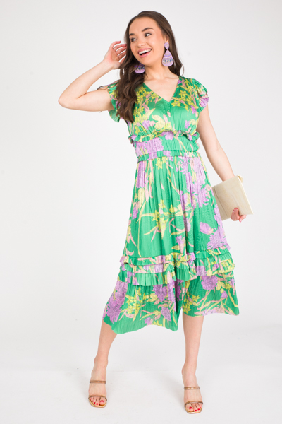 Pleated Floral Midi, Green Purple