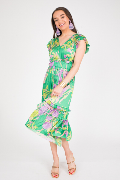 Pleated Floral Midi, Green Purple