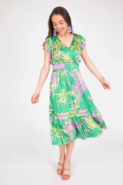 Pleated Floral Midi, Green Purple