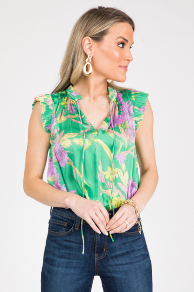 Silk Floral Blouse, Green Purple