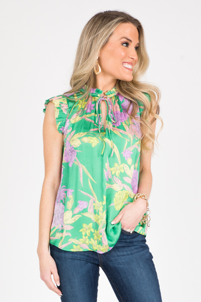 Silk Floral Blouse, Green Purple