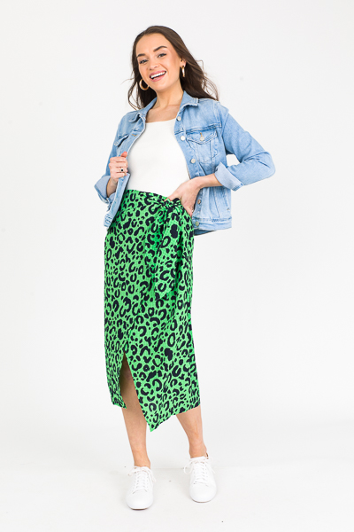 Green Leopard Wrap Midi Skirt
