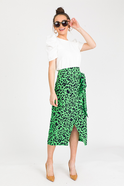 Green Leopard Wrap Midi Skirt