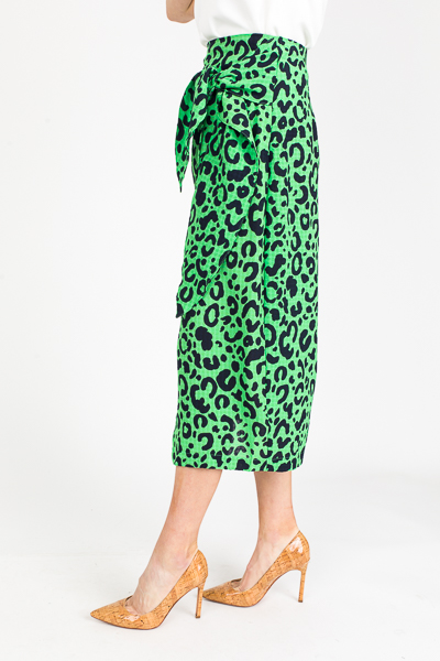 Green Leopard Wrap Midi Skirt