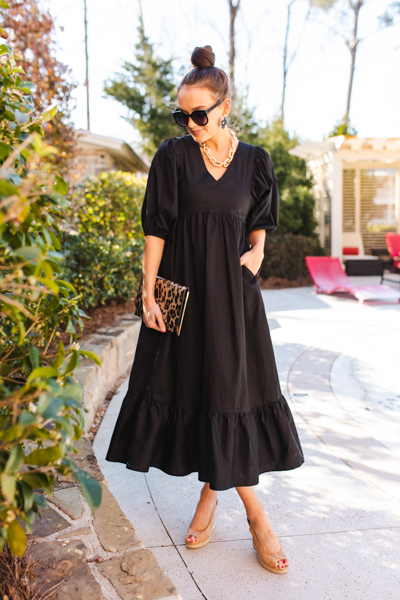 Puff Sleeve Poplin Maxi, Black