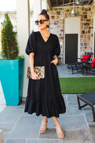 Puff Sleeve Poplin Maxi, Black