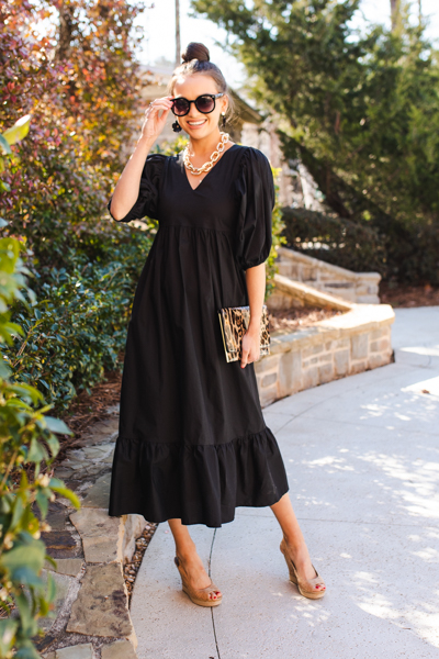 Puff Sleeve Poplin Maxi, Black