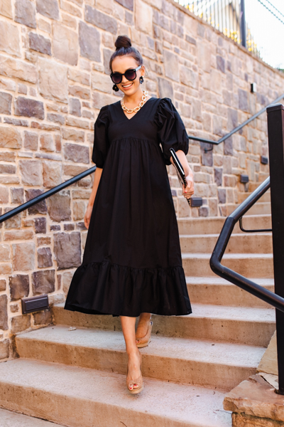 Puff Sleeve Poplin Maxi, Black