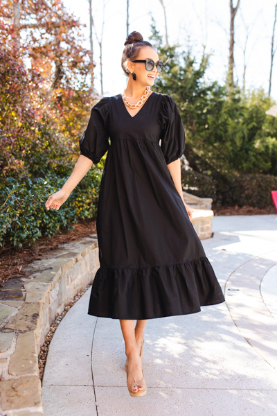 Puff Sleeve Poplin Maxi, Black