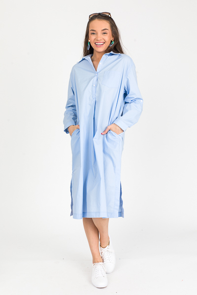 Tab Shirt Dress Midi, Lt. Blue