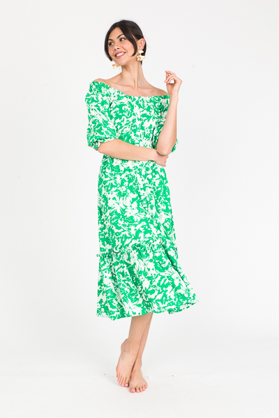 Green Floral Button Midi