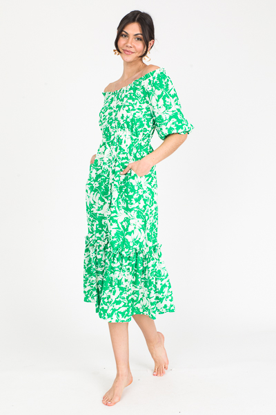 Green Floral Button Midi