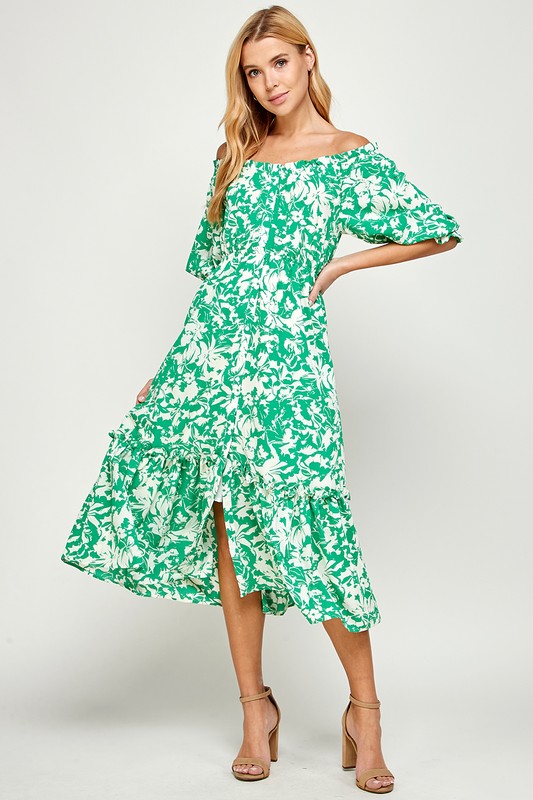 Green Floral Button Midi