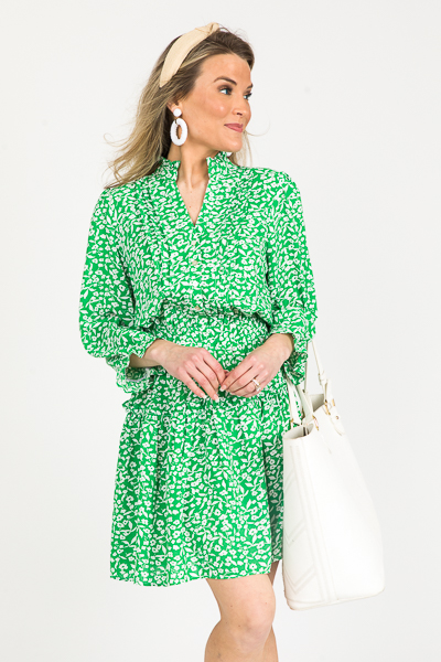 Pintuck Button Dress, Green Floral