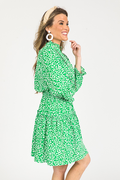 Pintuck Button Dress, Green Floral