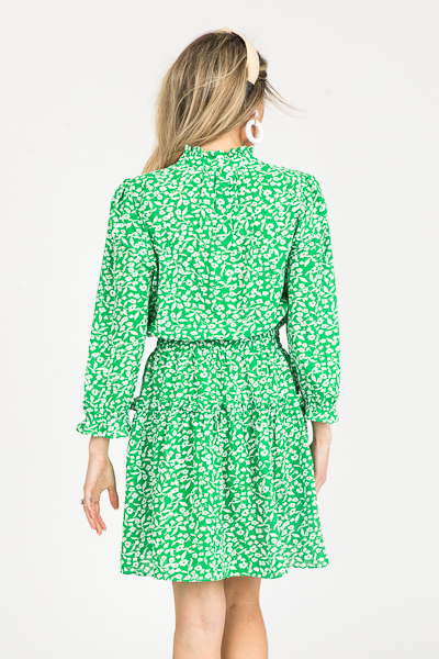 Pintuck Button Dress, Green Floral