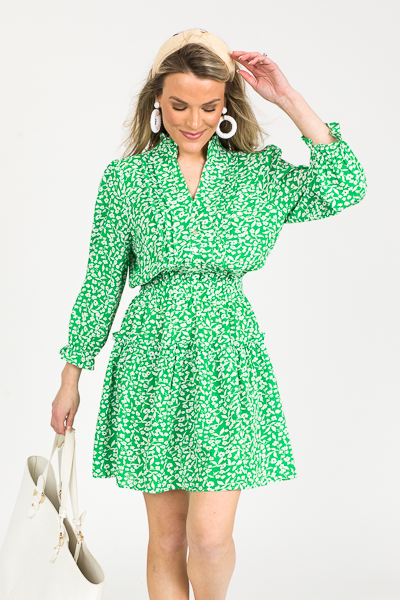 Pintuck Button Dress, Green Floral