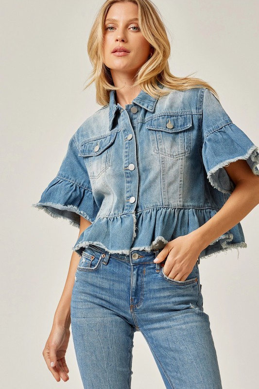 Ruffle Denim Short Sleeve Jacket