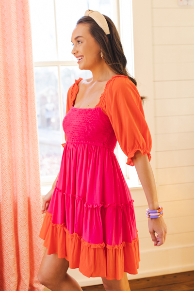 Blocked Smock Dress, Fuchsia/Orange