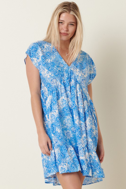 Blue Paisley V Dress