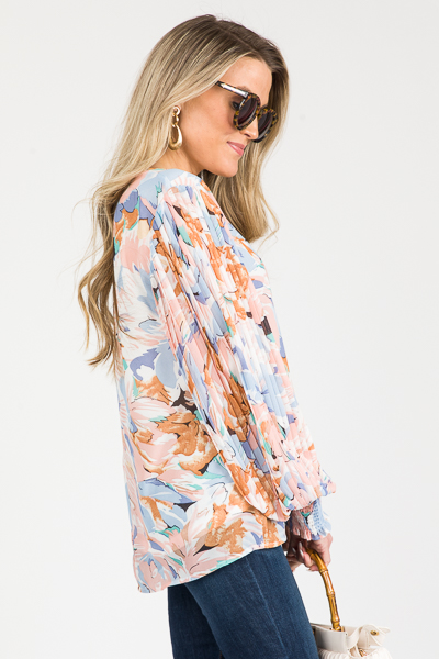 Pleat Sleeve Blouse, Peach Blue
