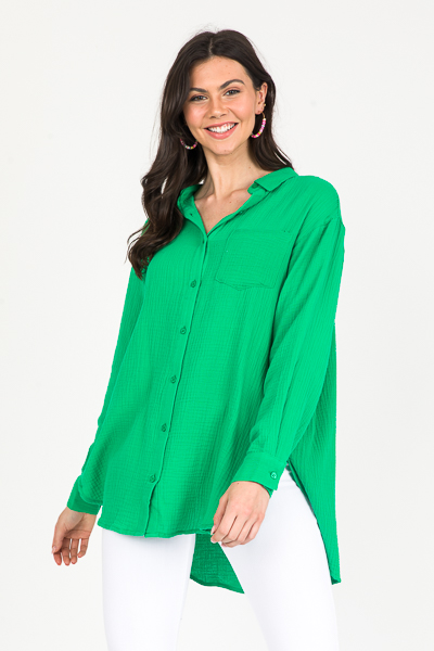 Longer Gauze Button Up, Kelly Green