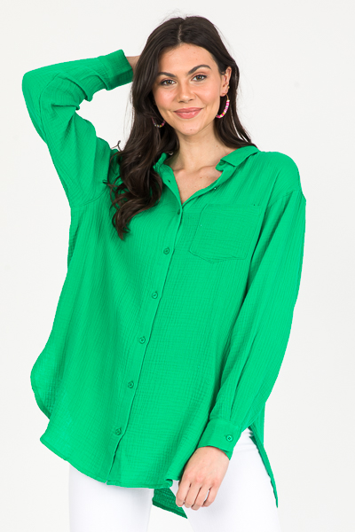 Longer Gauze Button Up, Kelly Green