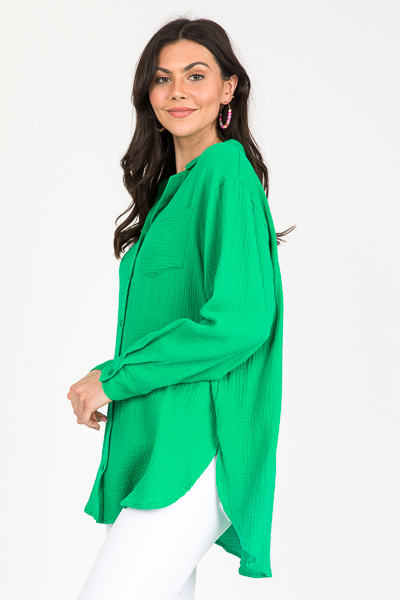 Longer Gauze Button Up, Kelly Green