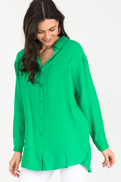 Longer Gauze Button Up, Kelly Green