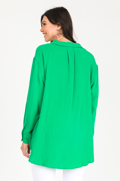 Longer Gauze Button Up, Kelly Green