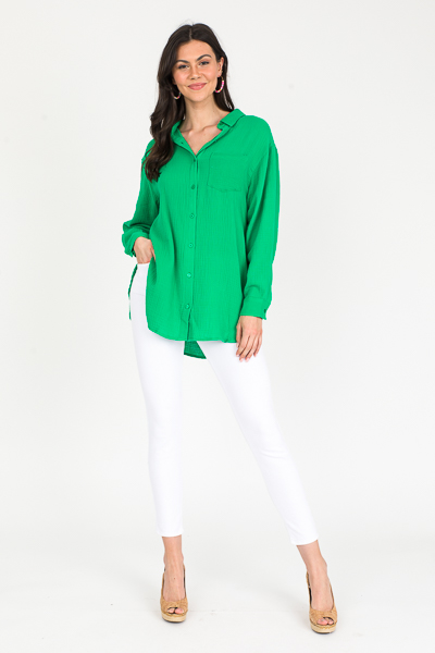 Longer Gauze Button Up, Kelly Green