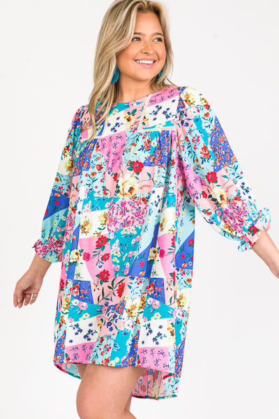 Patchwork Floral Dress, Periwinkle