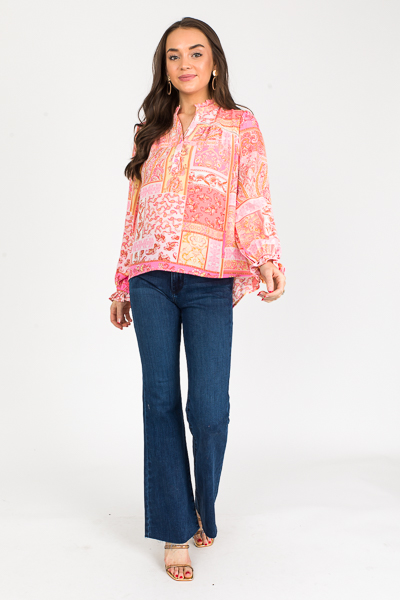 Paisley Half Button Top, Coral