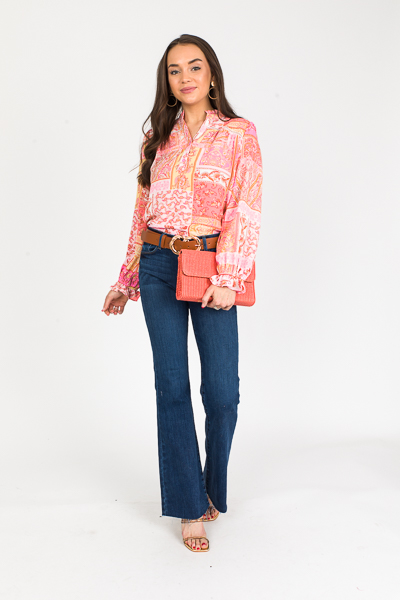 Paisley Half Button Top, Coral