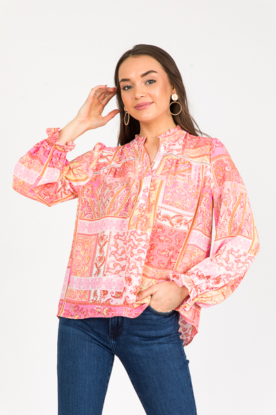 Paisley Half Button Top, Coral