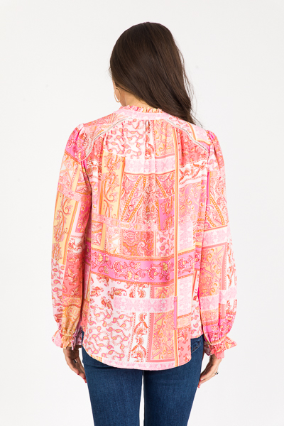 Paisley Half Button Top, Coral