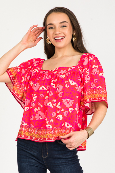 Square Neck Top, Red Print