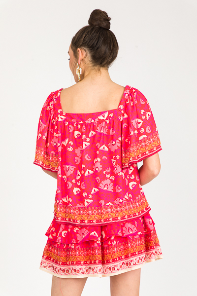 Square Neck Top, Red Print