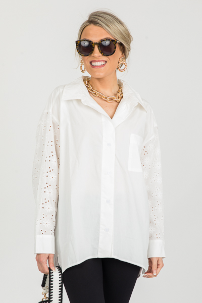 Eyelet Sleeves Button Up, White