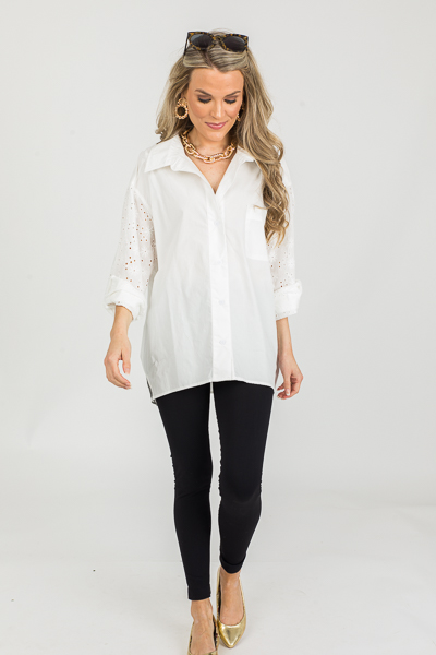 Eyelet Sleeves Button Up, White