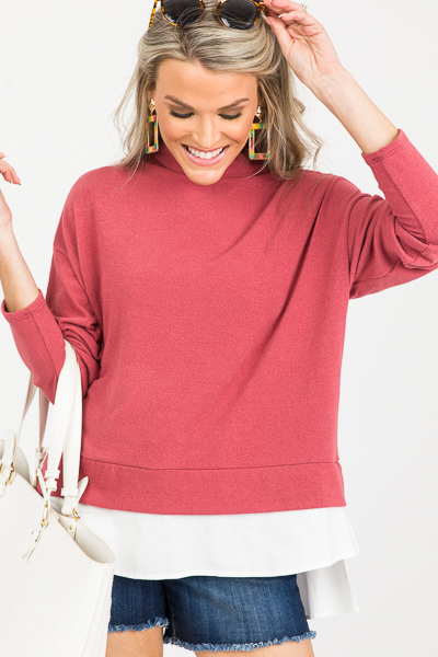 Layered Hem Mock Sweater, Dk. Mauve