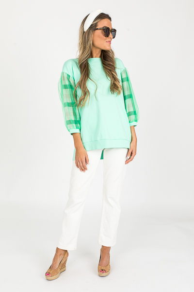 Mesh Gingham Sleeves Top, Mint